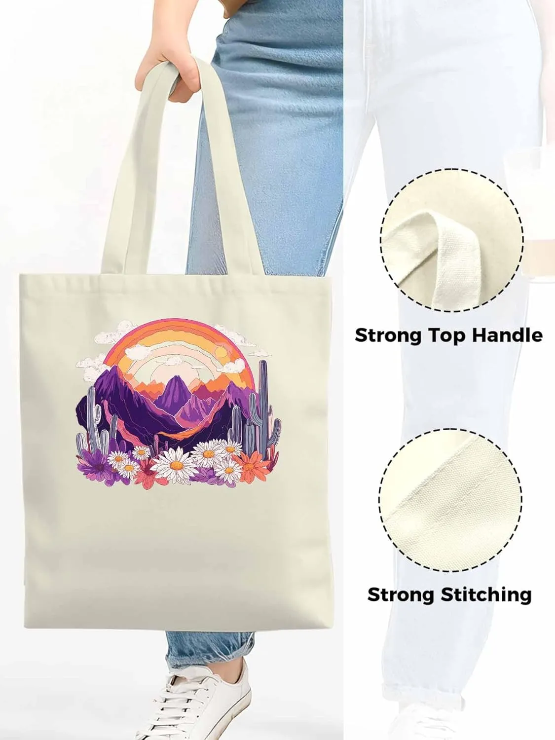 Canvas Tote Bag, Purple Montain Rainbow Cactus Daisy patterned Canvas Tote Handbags for Women Shoulder Bag,