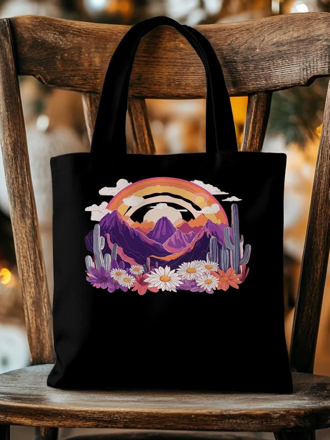 Canvas Tote Bag, Purple Montain Rainbow Cactus Daisy patterned Canvas Tote Handbags for Women Shoulder Bag,