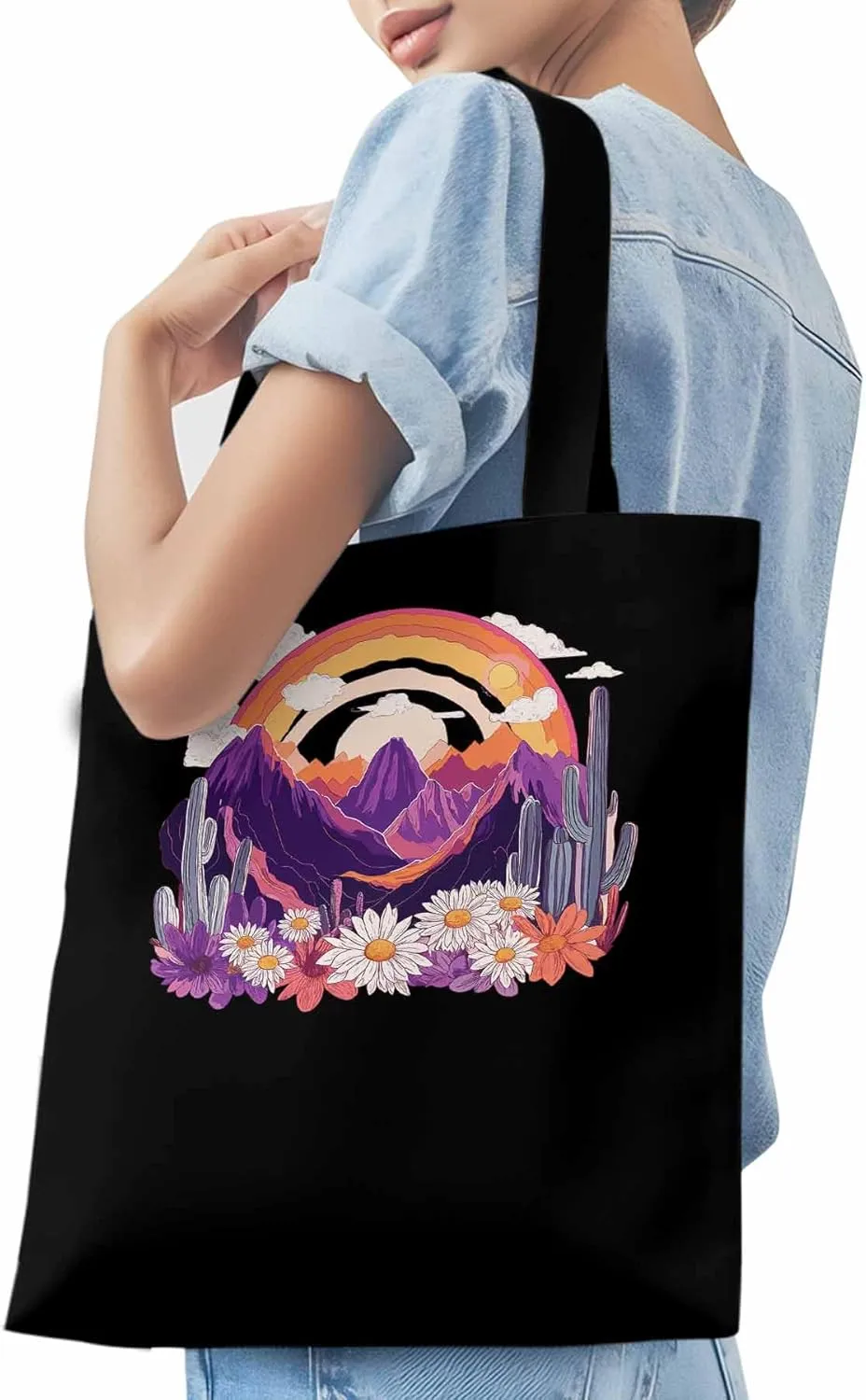 Canvas Tote Bag, Purple Montain Rainbow Cactus Daisy patterned Canvas Tote Handbags for Women Shoulder Bag,