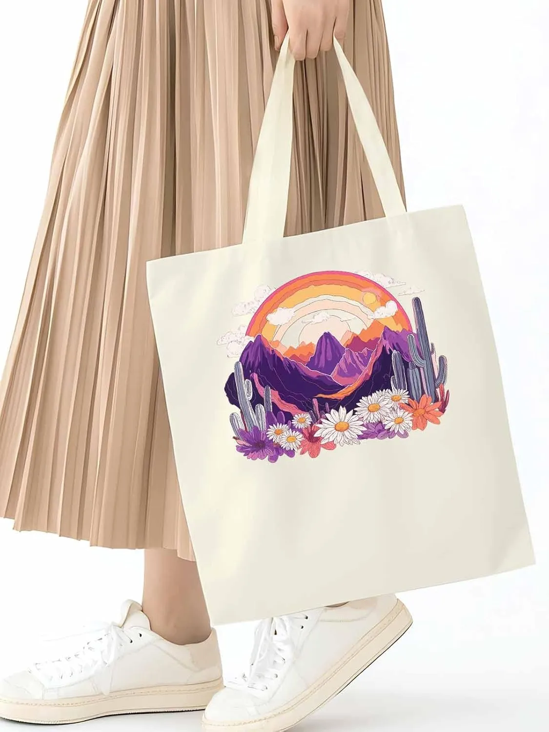 Canvas Tote Bag, Purple Montain Rainbow Cactus Daisy patterned Canvas Tote Handbags for Women Shoulder Bag,