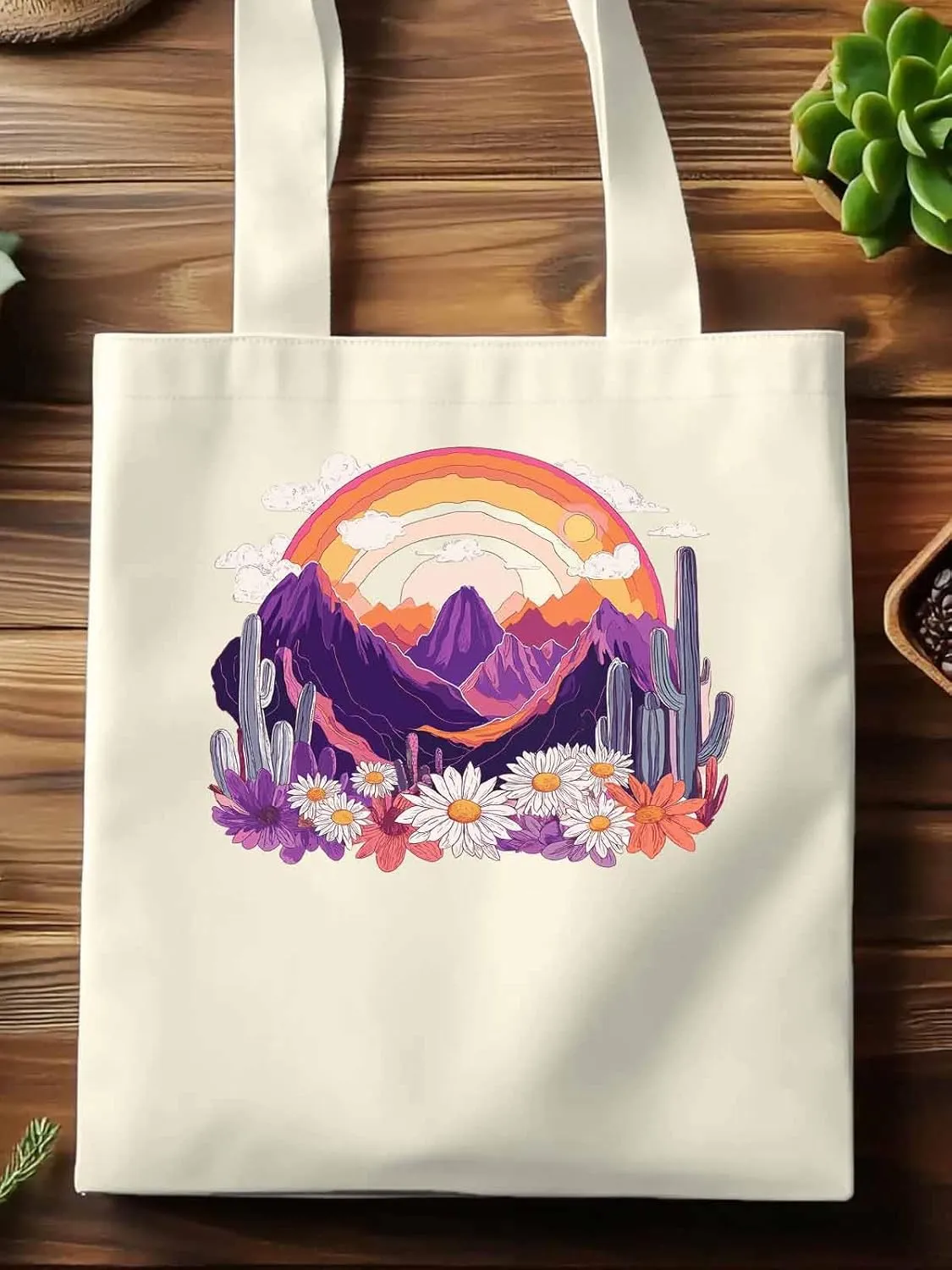 Canvas Tote Bag, Purple Montain Rainbow Cactus Daisy patterned Canvas Tote Handbags for Women Shoulder Bag,