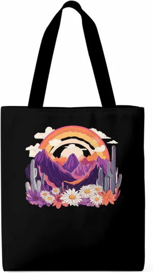 Canvas Tote Bag, Purple Montain Rainbow Cactus Daisy patterned Canvas Tote Handbags for Women Shoulder Bag,
