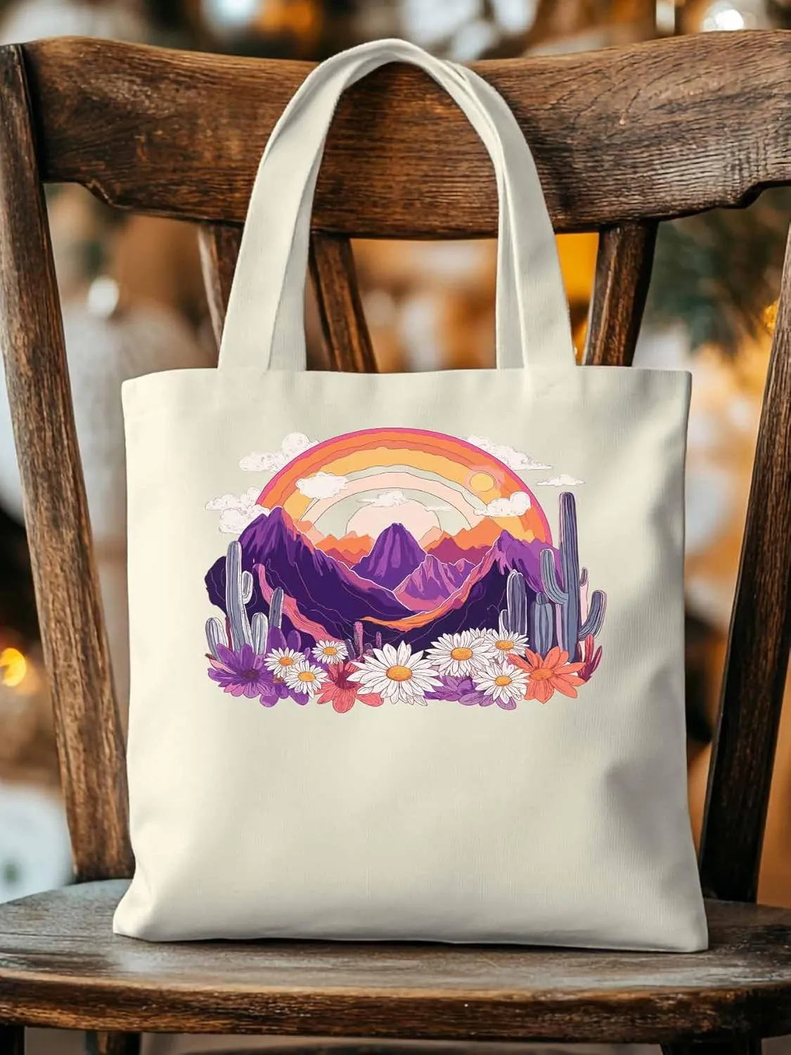 Canvas Tote Bag, Purple Montain Rainbow Cactus Daisy patterned Canvas Tote Handbags for Women Shoulder Bag,