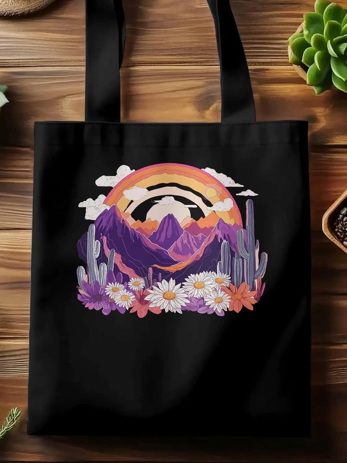 Canvas Tote Bag, Purple Montain Rainbow Cactus Daisy patterned Canvas Tote Handbags for Women Shoulder Bag,