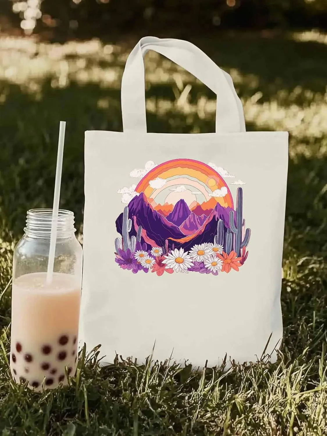 Canvas Tote Bag, Purple Montain Rainbow Cactus Daisy patterned Canvas Tote Handbags for Women Shoulder Bag,