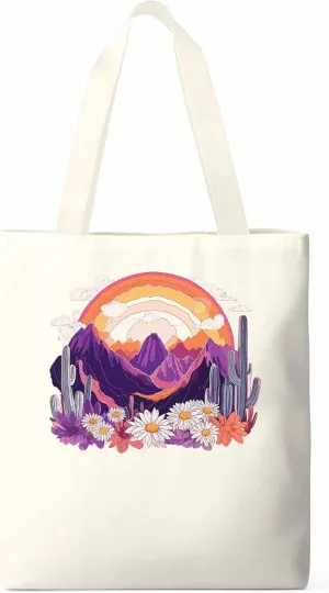 Canvas Tote Bag, Purple Montain Rainbow Cactus Daisy patterned Canvas Tote Handbags for Women Shoulder Bag,