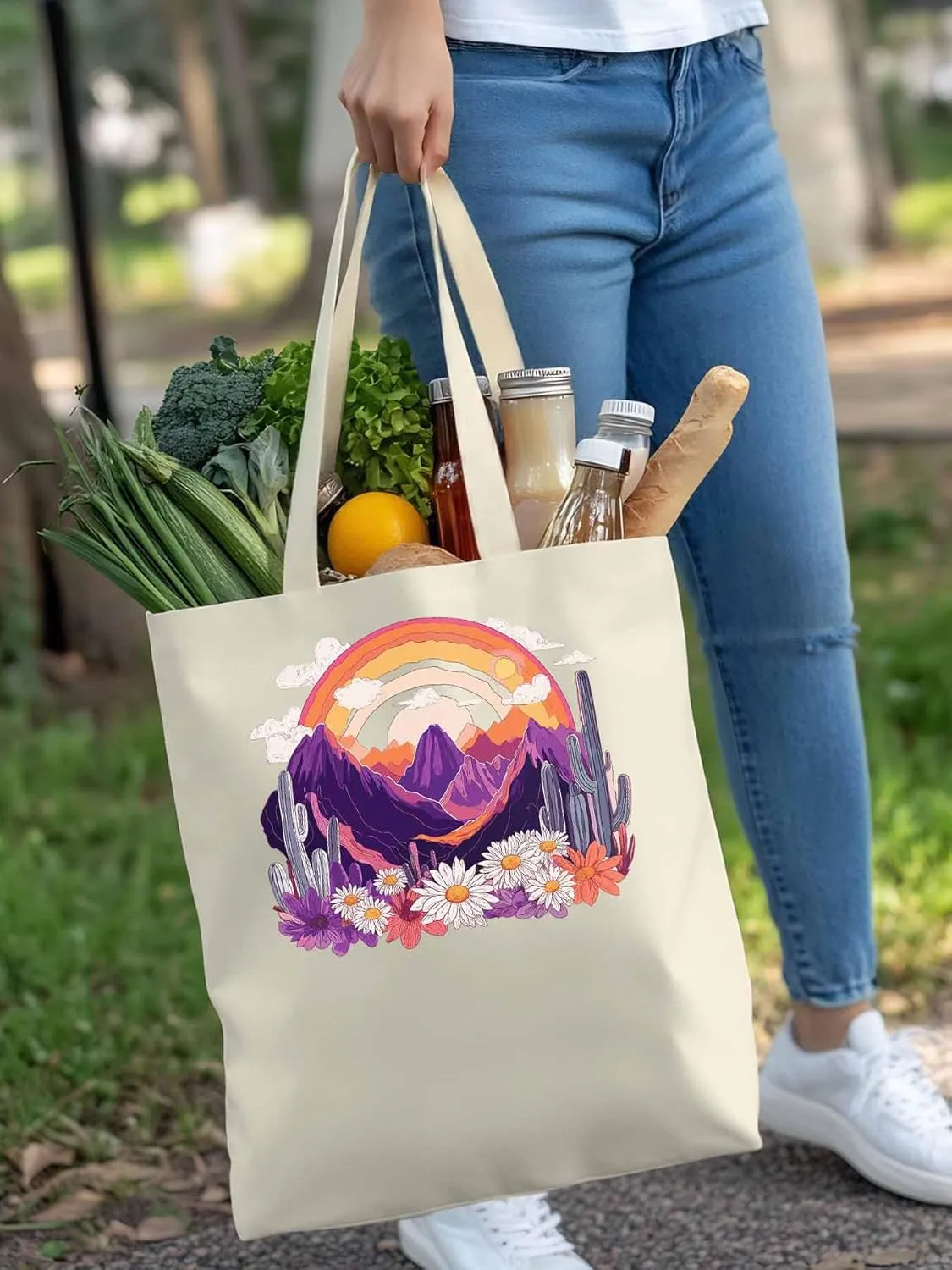 Canvas Tote Bag, Purple Montain Rainbow Cactus Daisy patterned Canvas Tote Handbags for Women Shoulder Bag,