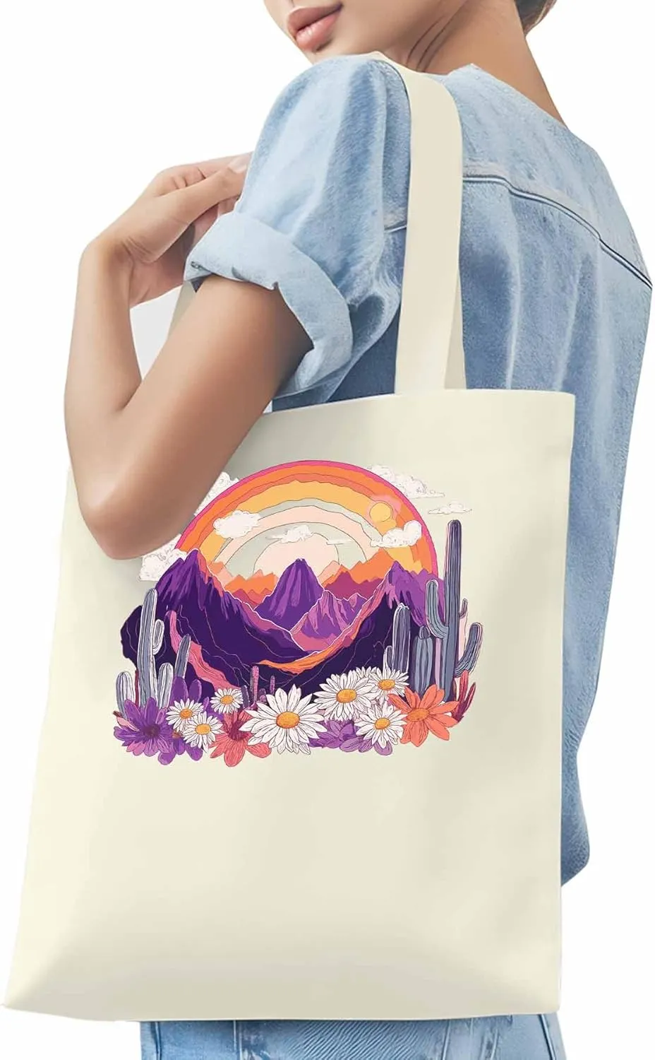 Canvas Tote Bag, Purple Montain Rainbow Cactus Daisy patterned Canvas Tote Handbags for Women Shoulder Bag,