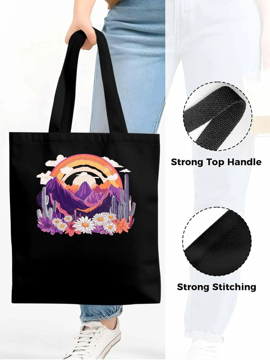 Canvas Tote Bag, Purple Montain Rainbow Cactus Daisy patterned Canvas Tote Handbags for Women Shoulder Bag,