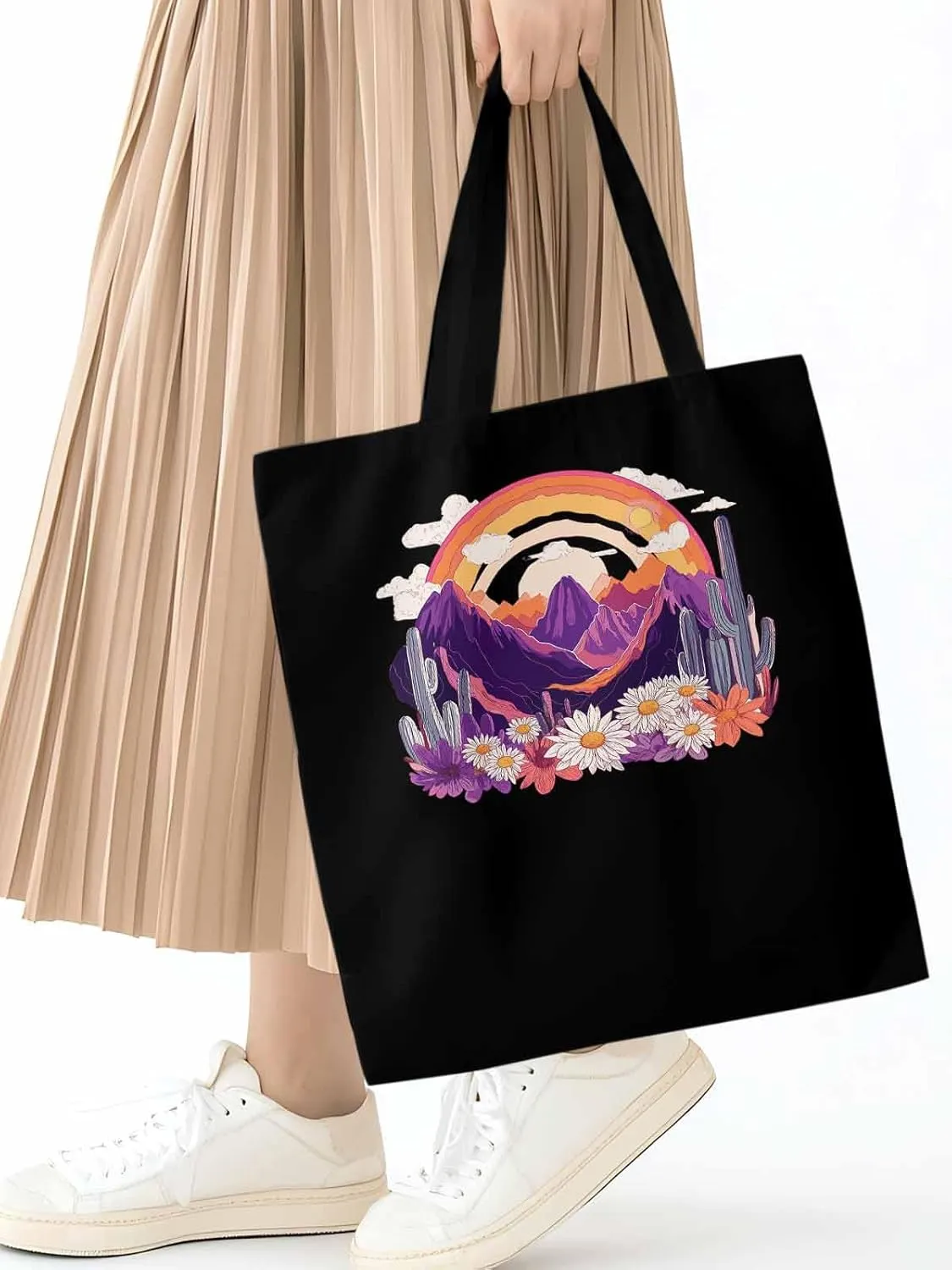 Canvas Tote Bag, Purple Montain Rainbow Cactus Daisy patterned Canvas Tote Handbags for Women Shoulder Bag,