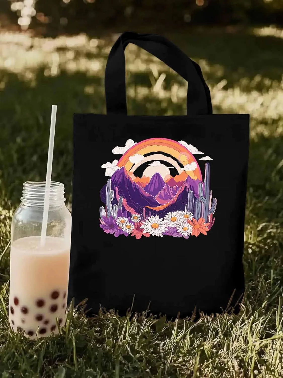 Canvas Tote Bag, Purple Montain Rainbow Cactus Daisy patterned Canvas Tote Handbags for Women Shoulder Bag,