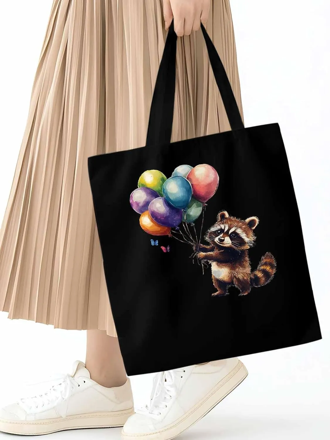 Canvas Tote Bag, Raccoon Balloon Colorful Art patterned Canvas Tote Handbags for Women Shoulder Bag,