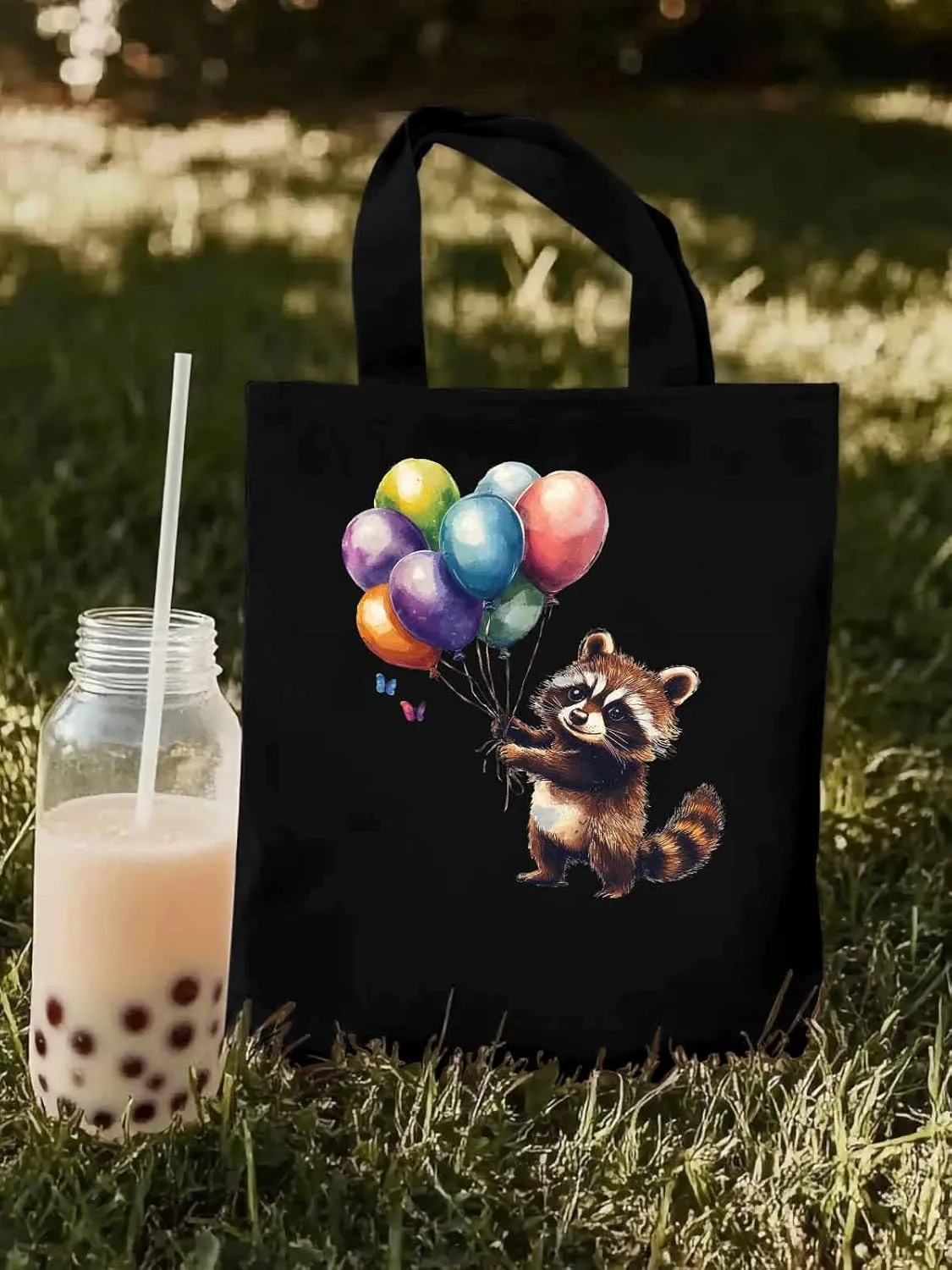 Canvas Tote Bag, Raccoon Balloon Colorful Art patterned Canvas Tote Handbags for Women Shoulder Bag,