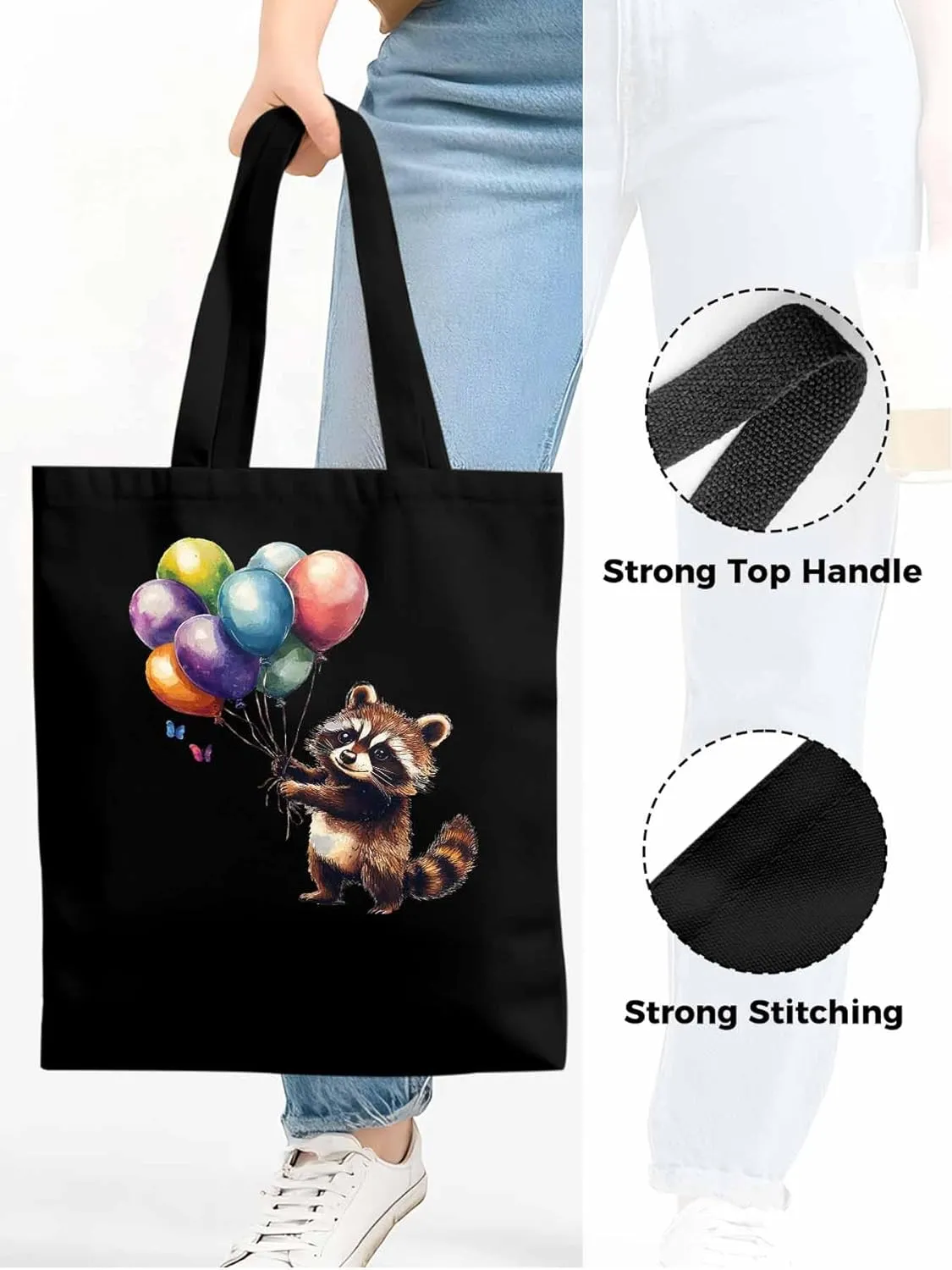 Canvas Tote Bag, Raccoon Balloon Colorful Art patterned Canvas Tote Handbags for Women Shoulder Bag,