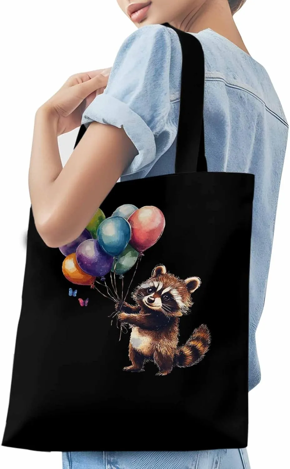 Canvas Tote Bag, Raccoon Balloon Colorful Art patterned Canvas Tote Handbags for Women Shoulder Bag,