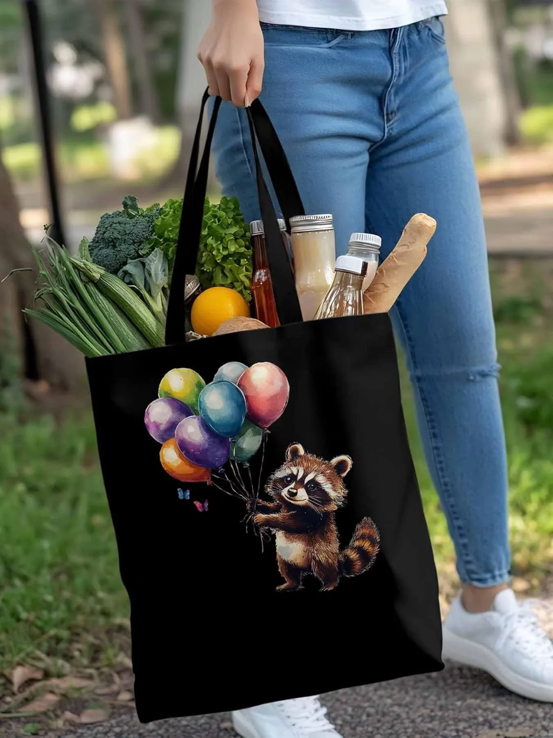 Canvas Tote Bag, Raccoon Balloon Colorful Art patterned Canvas Tote Handbags for Women Shoulder Bag,