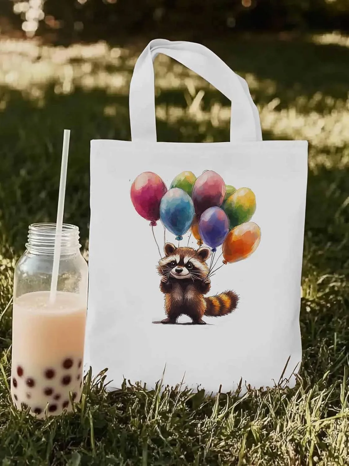 Canvas Tote Bag, Raccoon Balloon Colorful patterned Canvas Tote Handbags for Women Shoulder Bag,