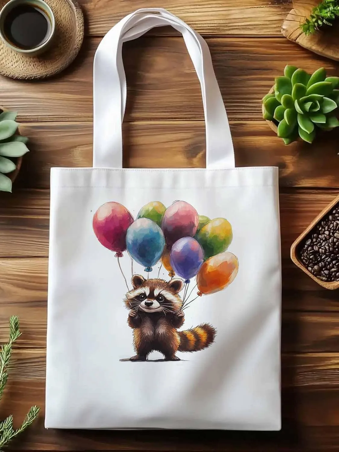 Canvas Tote Bag, Raccoon Balloon Colorful patterned Canvas Tote Handbags for Women Shoulder Bag,