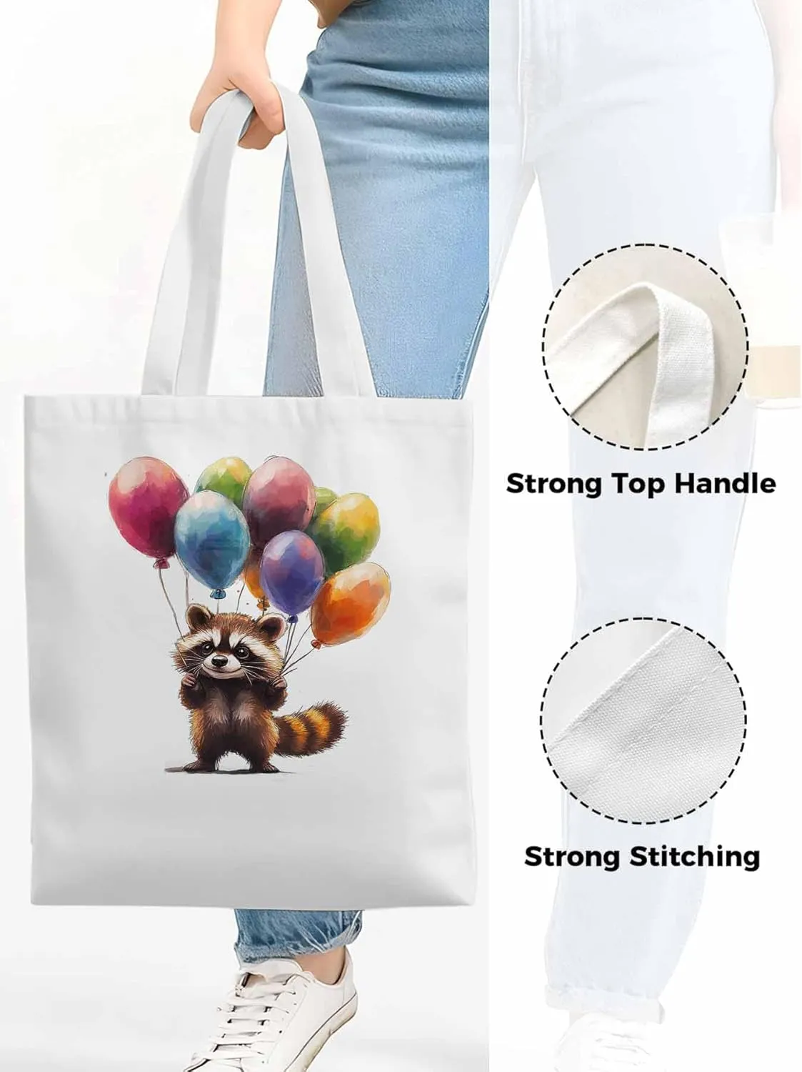 Canvas Tote Bag, Raccoon Balloon Colorful patterned Canvas Tote Handbags for Women Shoulder Bag,