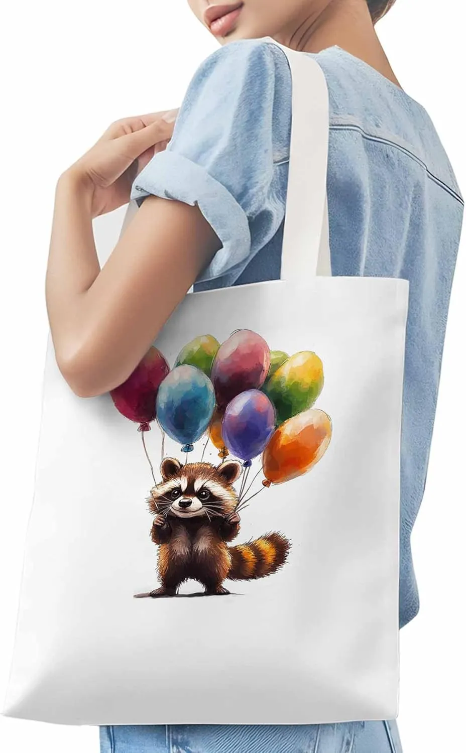 Canvas Tote Bag, Raccoon Balloon Colorful patterned Canvas Tote Handbags for Women Shoulder Bag,
