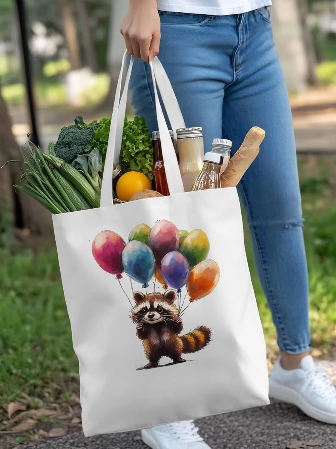 Canvas Tote Bag, Raccoon Balloon Colorful patterned Canvas Tote Handbags for Women Shoulder Bag,