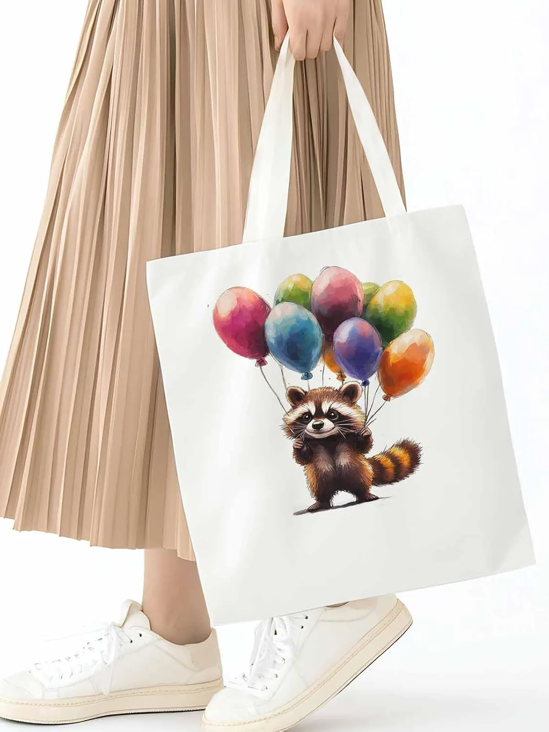 Canvas Tote Bag, Raccoon Balloon Colorful patterned Canvas Tote Handbags for Women Shoulder Bag,