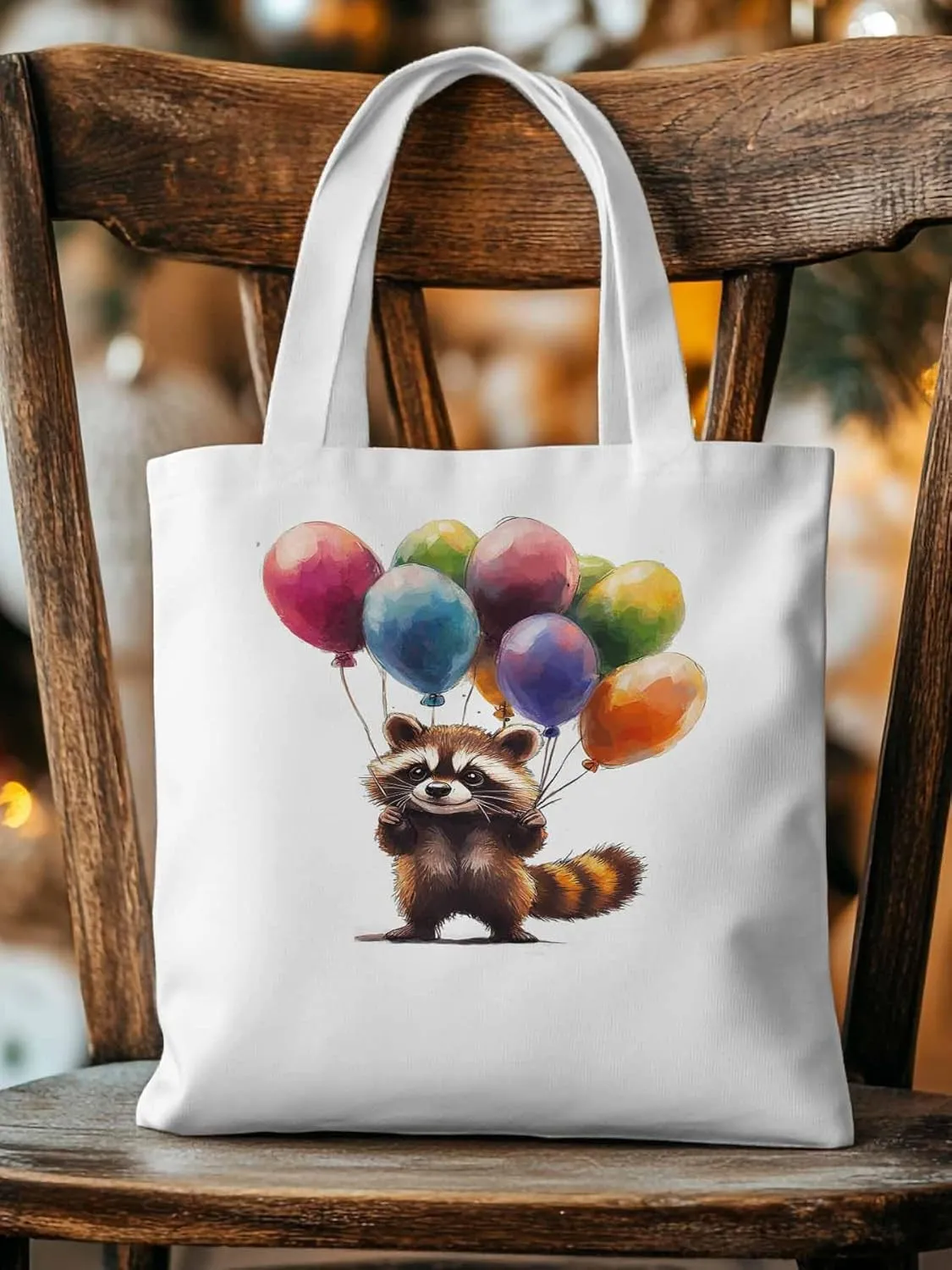 Canvas Tote Bag, Raccoon Balloon Colorful patterned Canvas Tote Handbags for Women Shoulder Bag,