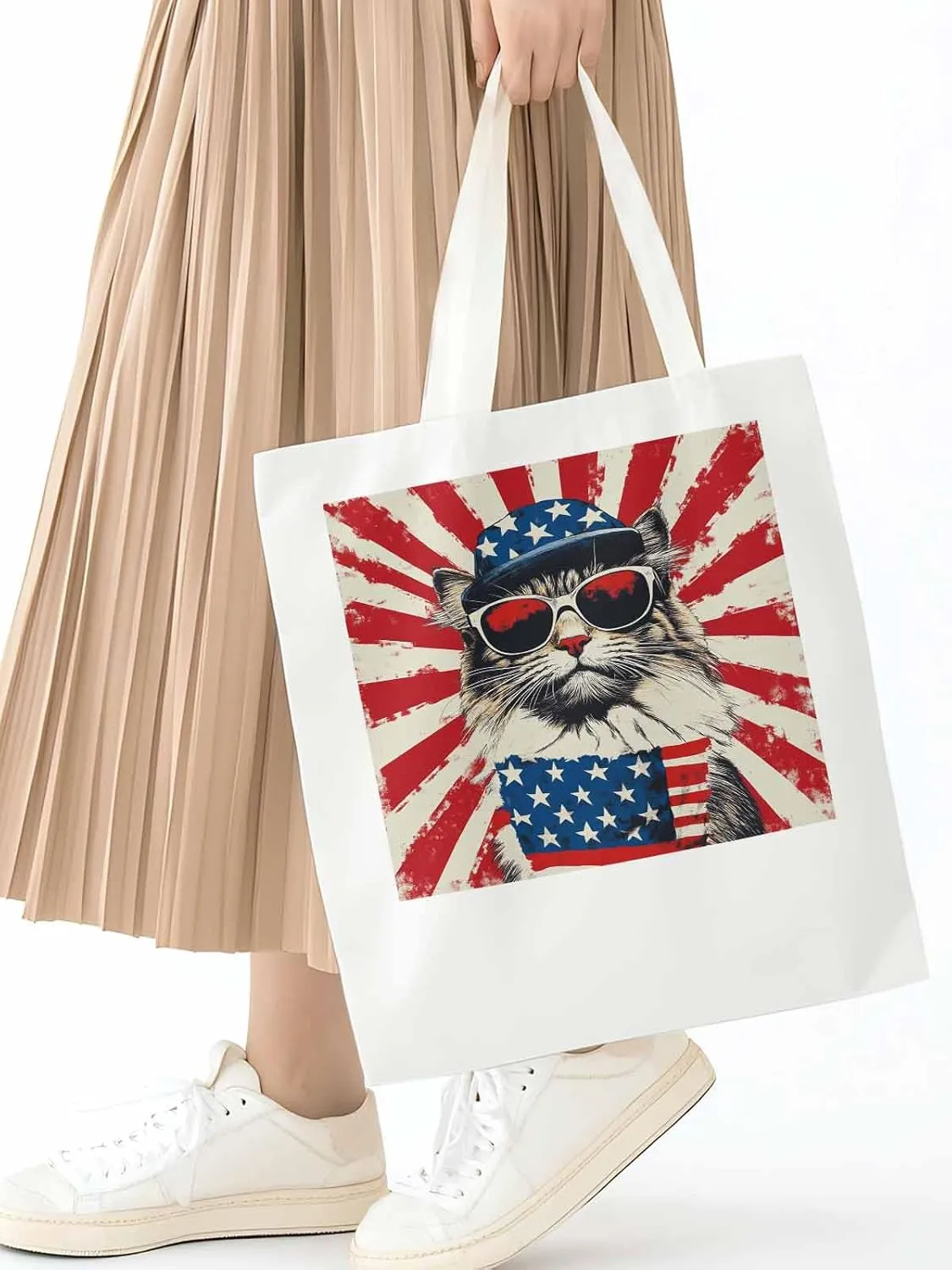 Canvas Tote Bag, Red White Retro American Flag Cat Aesthetic Canvas Tote Handbags for Women Shoulder Bag,