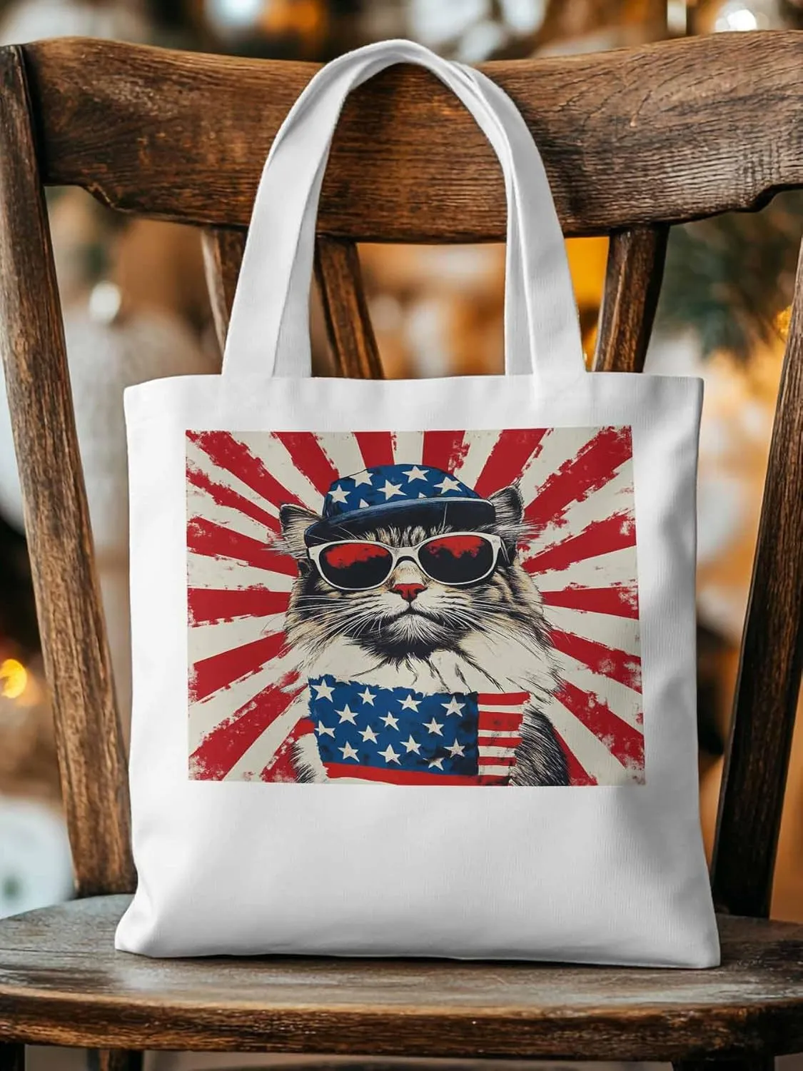 Canvas Tote Bag, Red White Retro American Flag Cat Aesthetic Canvas Tote Handbags for Women Shoulder Bag,