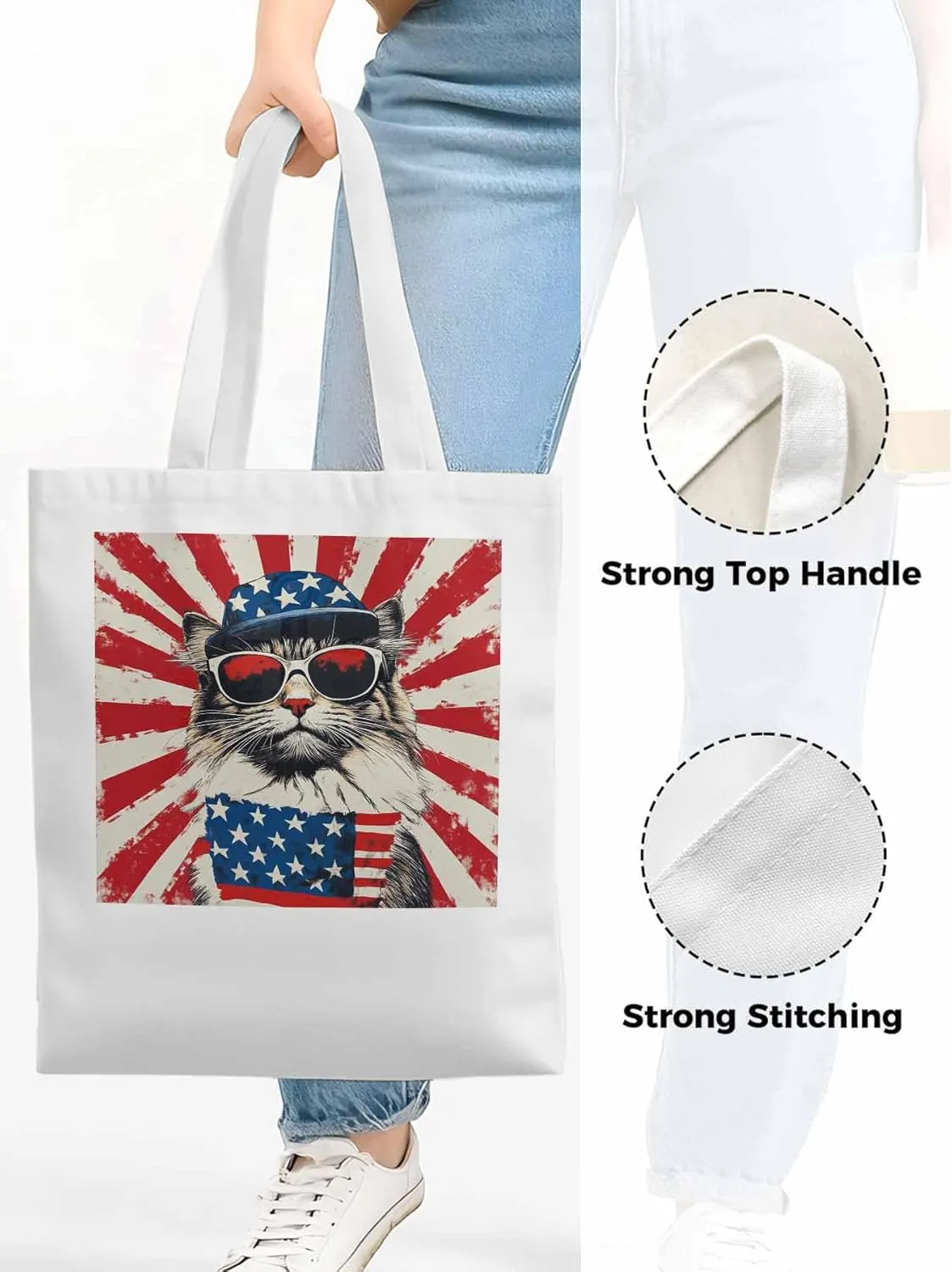 Canvas Tote Bag, Red White Retro American Flag Cat Aesthetic Canvas Tote Handbags for Women Shoulder Bag,