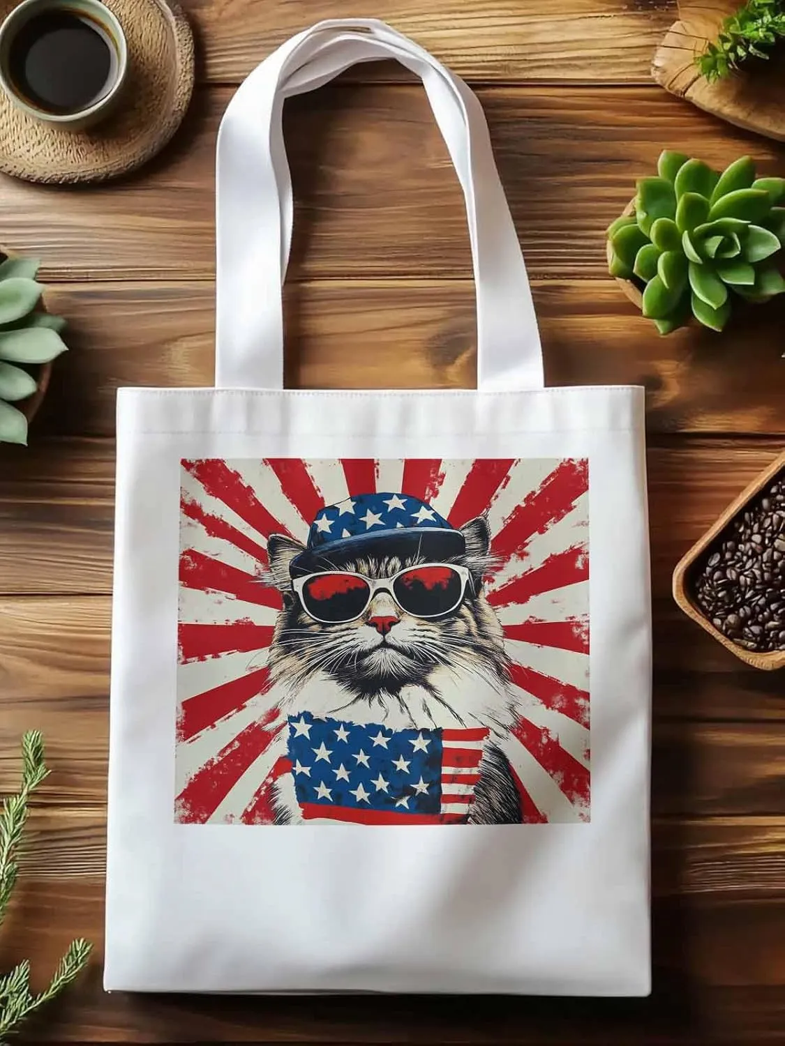 Canvas Tote Bag, Red White Retro American Flag Cat Aesthetic Canvas Tote Handbags for Women Shoulder Bag,