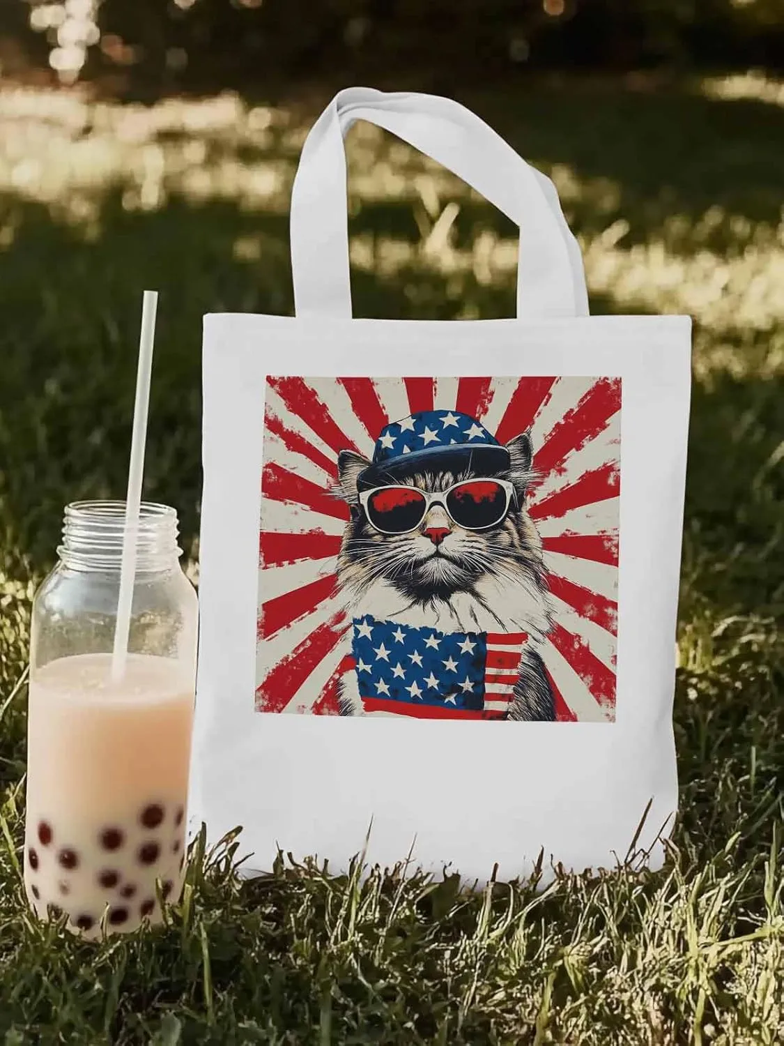 Canvas Tote Bag, Red White Retro American Flag Cat Aesthetic Canvas Tote Handbags for Women Shoulder Bag,