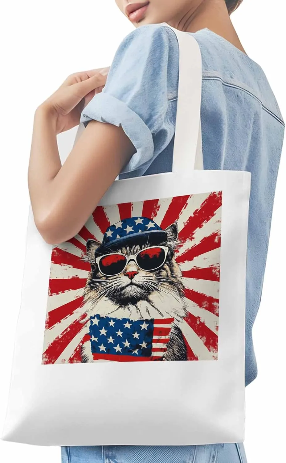 Canvas Tote Bag, Red White Retro American Flag Cat Aesthetic Canvas Tote Handbags for Women Shoulder Bag,