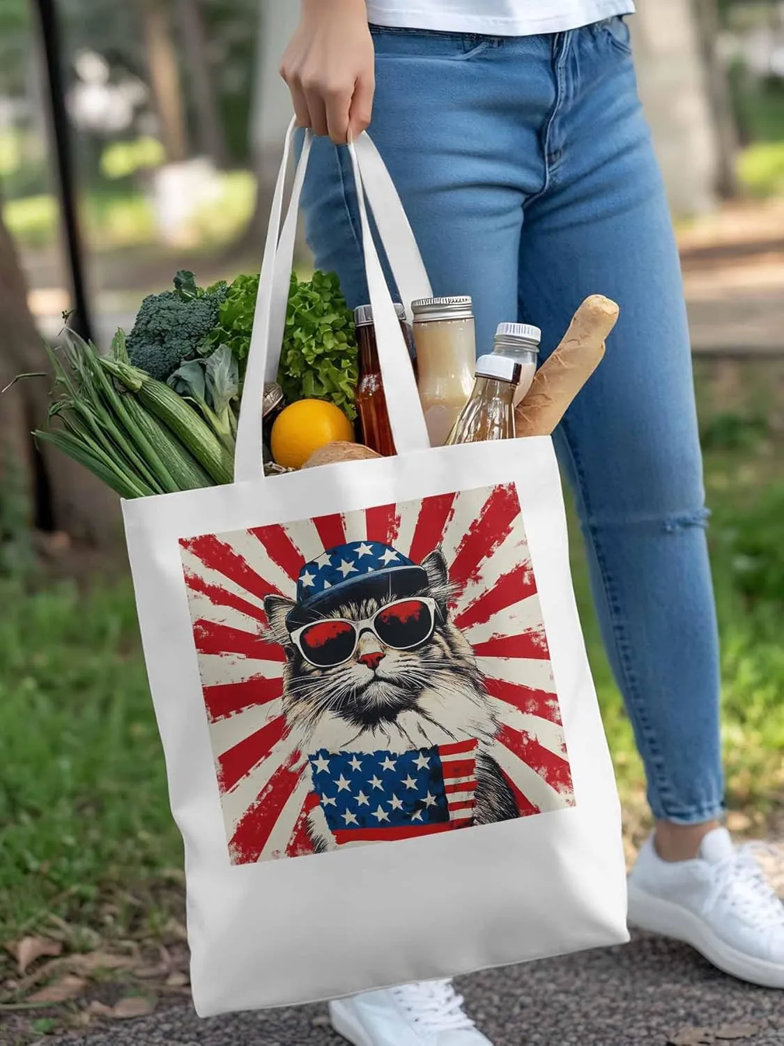 Canvas Tote Bag, Red White Retro American Flag Cat Aesthetic Canvas Tote Handbags for Women Shoulder Bag,