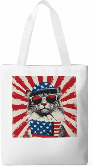 Canvas Tote Bag, Red White Retro American Flag Cat Aesthetic Canvas Tote Handbags for Women Shoulder Bag,