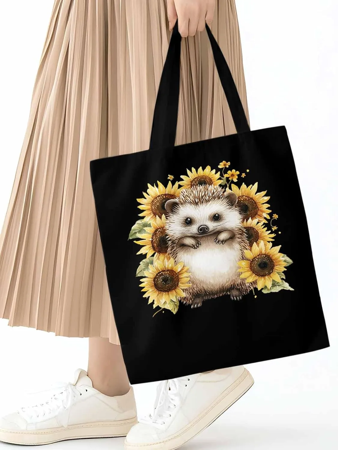 Canvas Tote Bag, Sunflower Cute Hedgehog Aesthetic Canvas Tote Handbags for Women Shoulder Bag