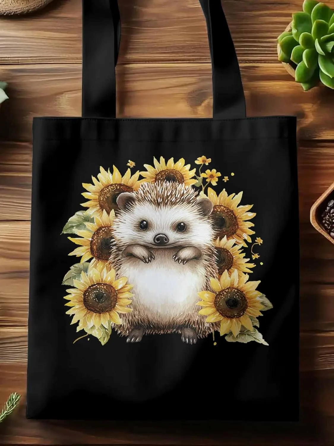 Canvas Tote Bag, Sunflower Cute Hedgehog Aesthetic Canvas Tote Handbags for Women Shoulder Bag