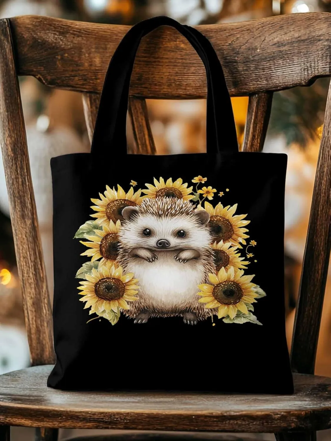 Canvas Tote Bag, Sunflower Cute Hedgehog Aesthetic Canvas Tote Handbags for Women Shoulder Bag