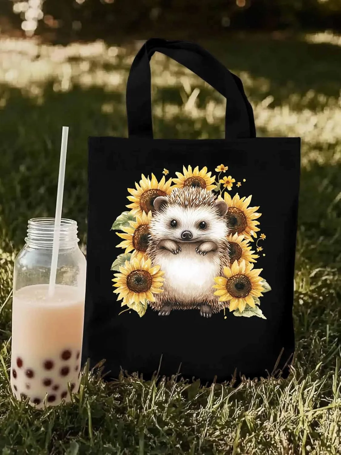Canvas Tote Bag, Sunflower Cute Hedgehog Aesthetic Canvas Tote Handbags for Women Shoulder Bag