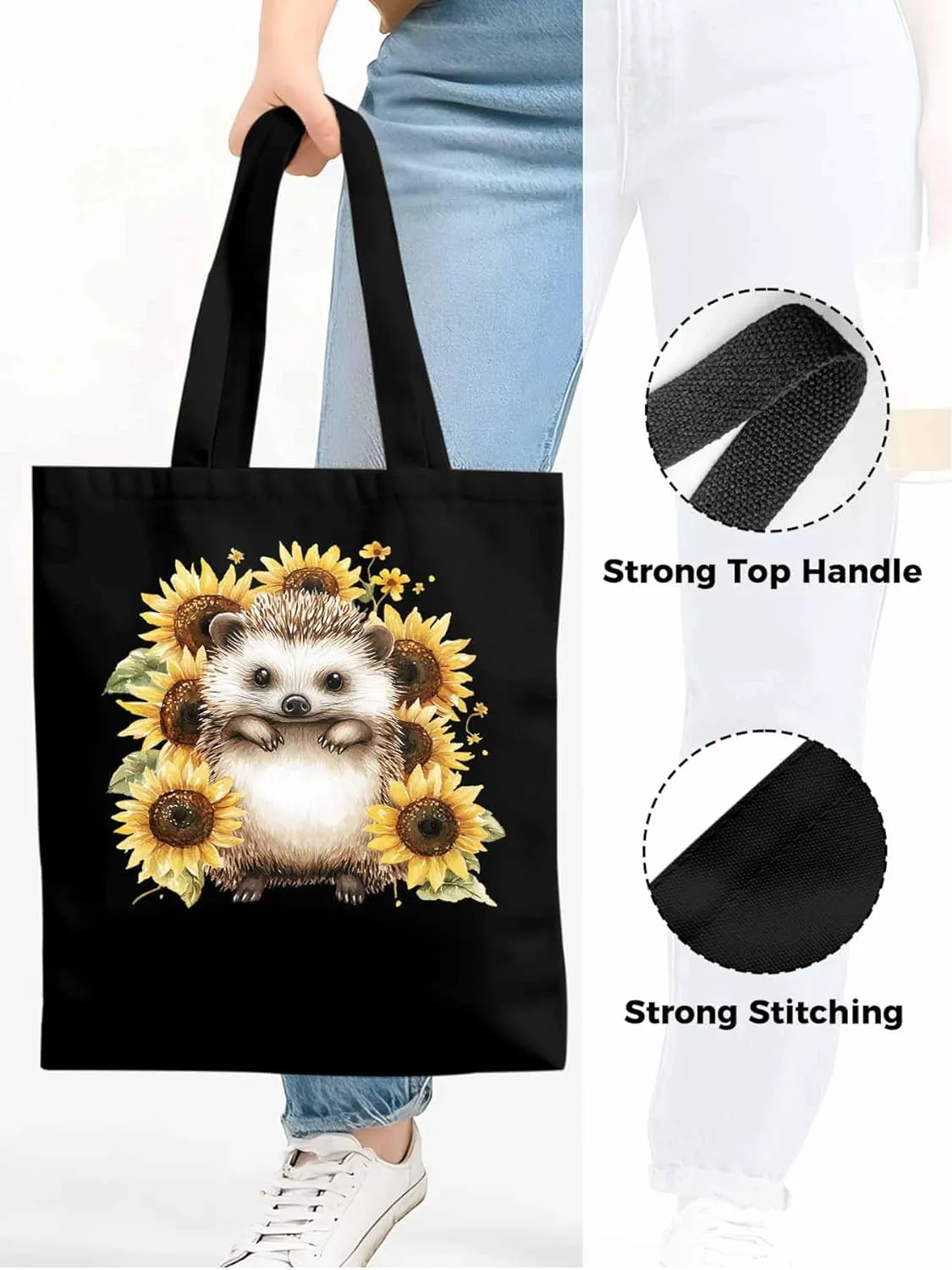 Canvas Tote Bag, Sunflower Cute Hedgehog Aesthetic Canvas Tote Handbags for Women Shoulder Bag