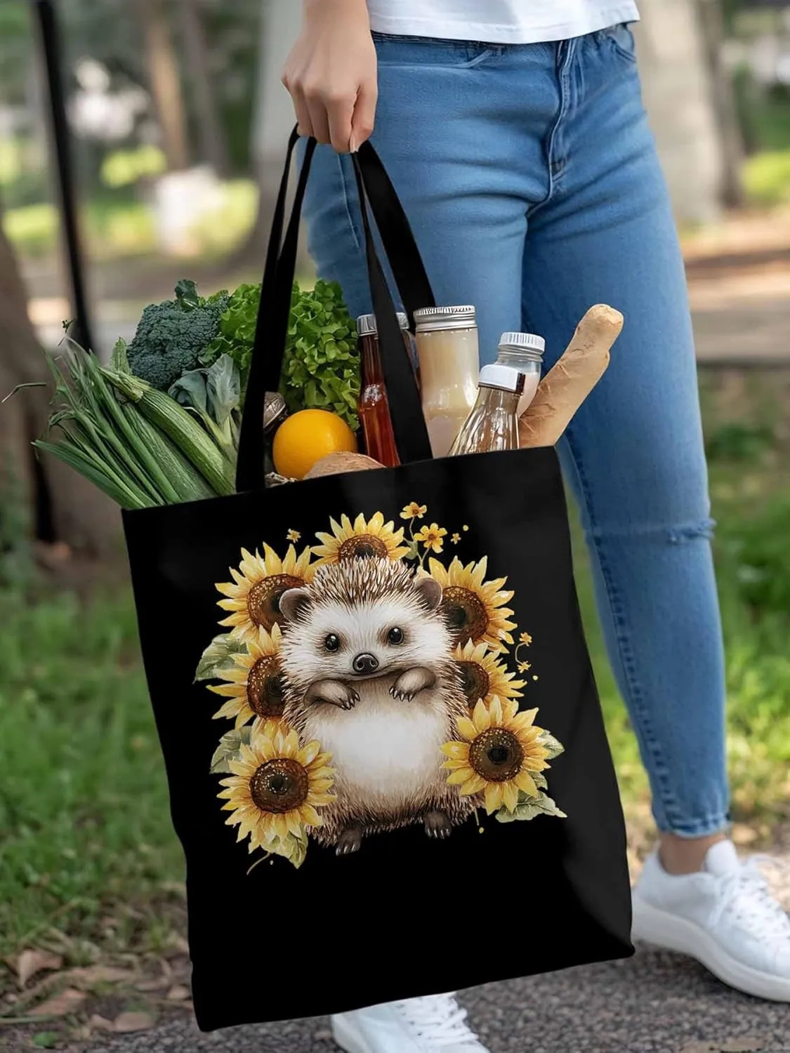 Canvas Tote Bag, Sunflower Cute Hedgehog Aesthetic Canvas Tote Handbags for Women Shoulder Bag