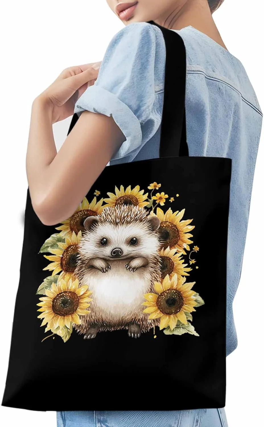 Canvas Tote Bag, Sunflower Cute Hedgehog Aesthetic Canvas Tote Handbags for Women Shoulder Bag