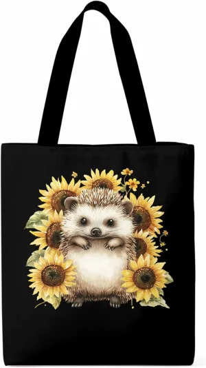 Canvas Tote Bag, Sunflower Cute Hedgehog Aesthetic Canvas Tote Handbags for Women Shoulder Bag