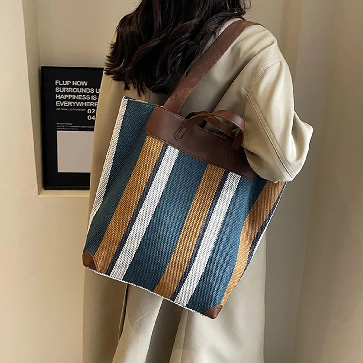 Canvas Tote Bag Tote Bag For Women Tote Bag With Zipper Work Bags For Women Casual Stripes Handbags For Women