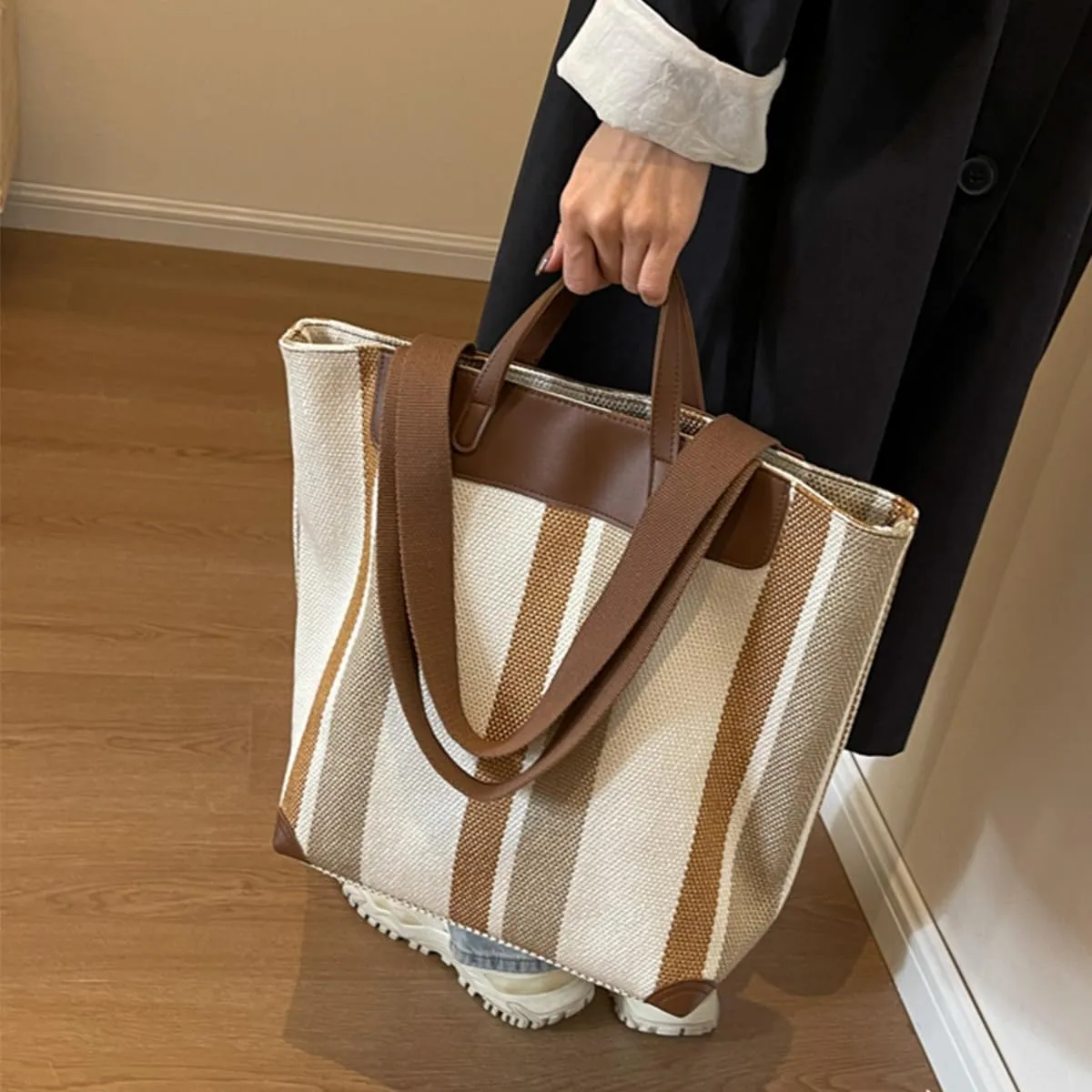 Canvas Tote Bag Tote Bag For Women Tote Bag With Zipper Work Bags For Women Casual Stripes Handbags For Women