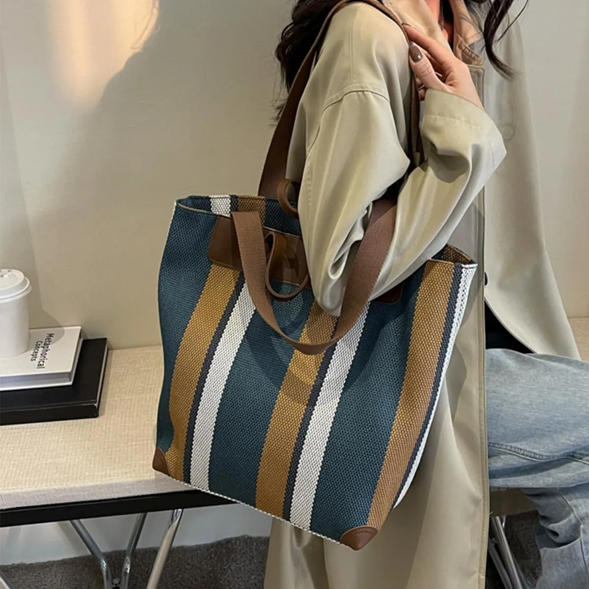 Canvas Tote Bag Tote Bag For Women Tote Bag With Zipper Work Bags For Women Casual Stripes Handbags For Women