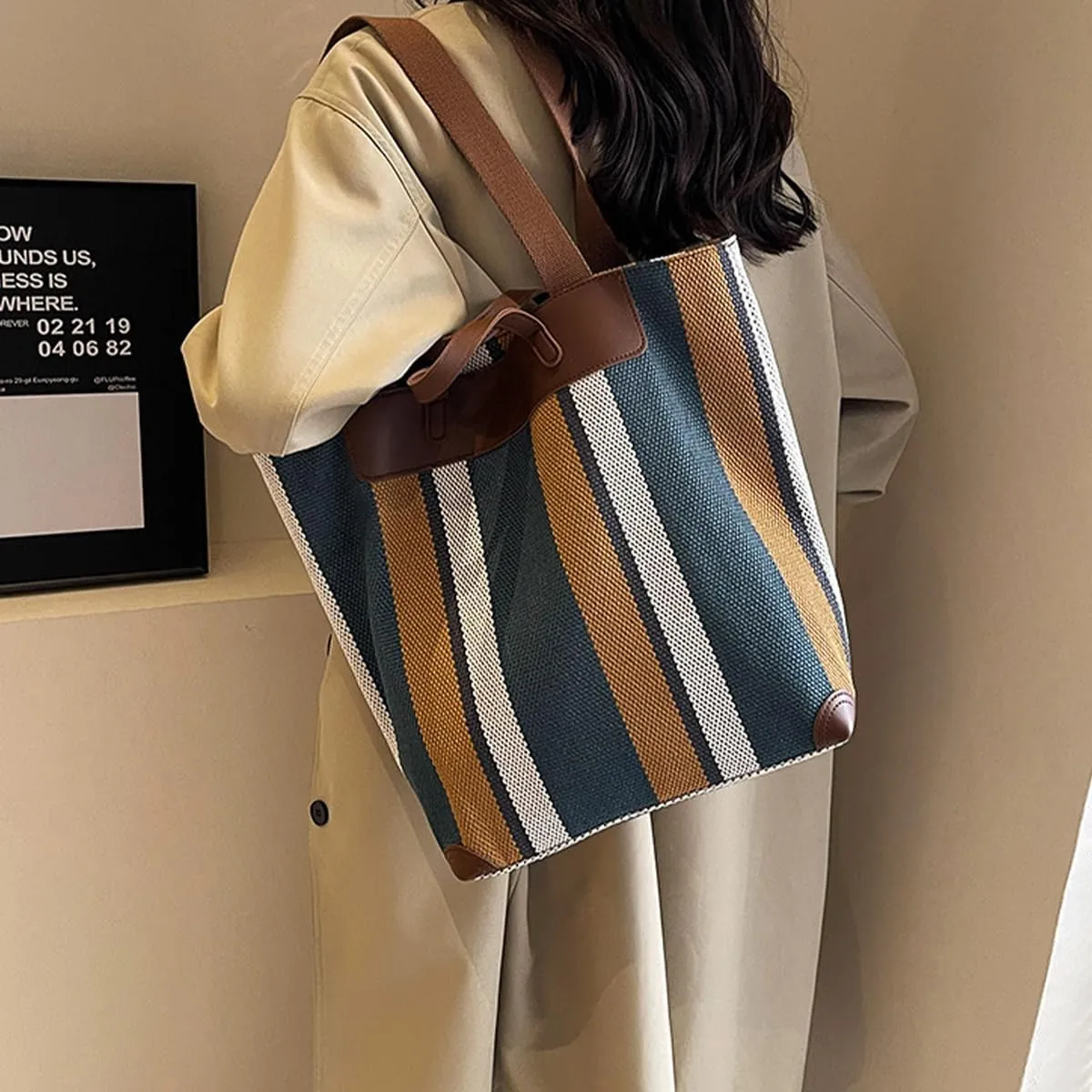 Canvas Tote Bag Tote Bag For Women Tote Bag With Zipper Work Bags For Women Casual Stripes Handbags For Women