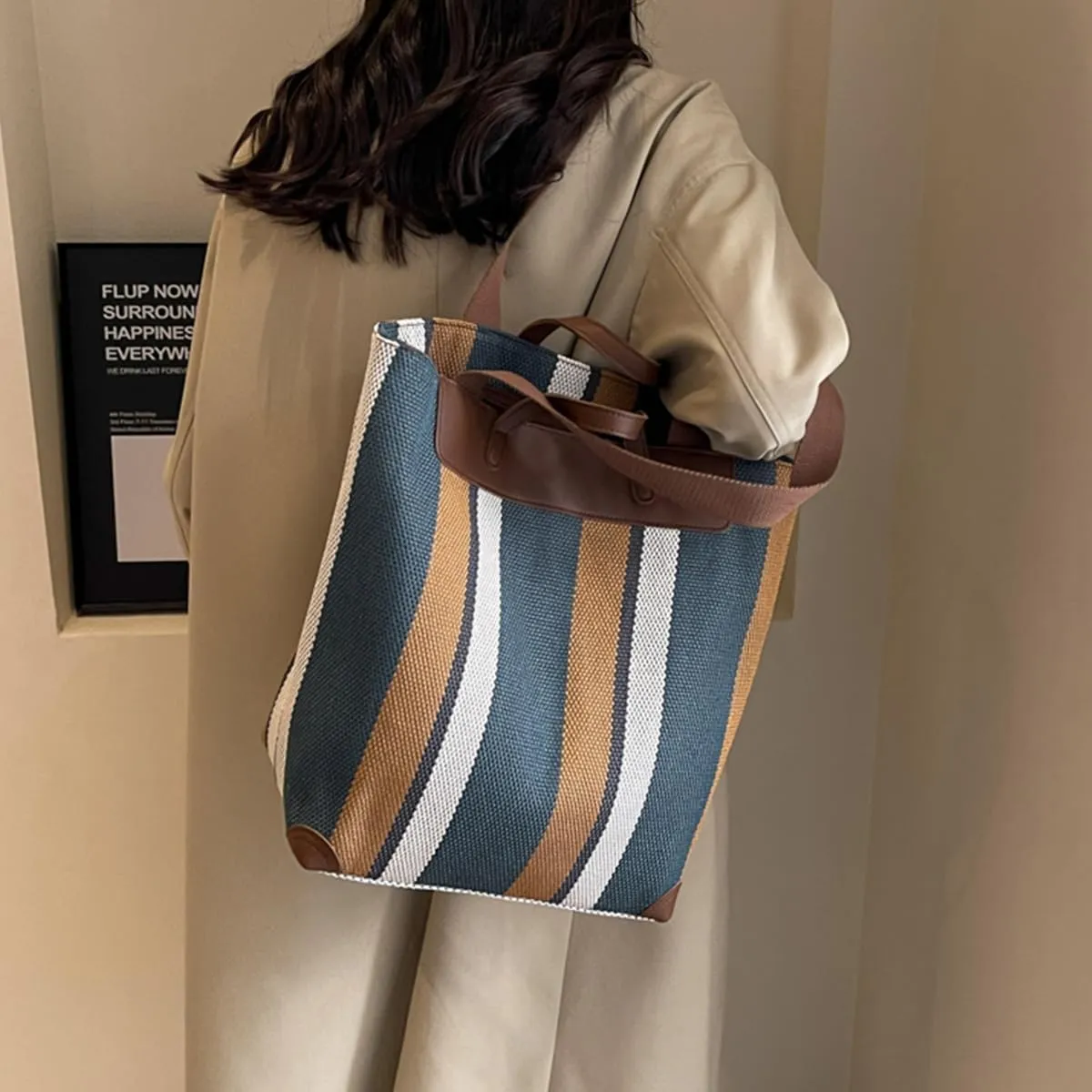 Canvas Tote Bag Tote Bag For Women Tote Bag With Zipper Work Bags For Women Casual Stripes Handbags For Women