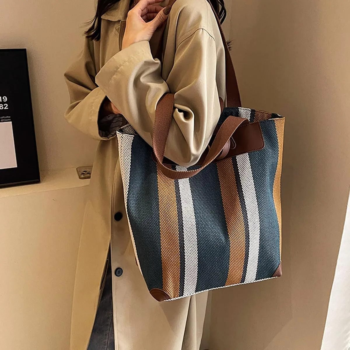 Canvas Tote Bag Tote Bag For Women Tote Bag With Zipper Work Bags For Women Casual Stripes Handbags For Women