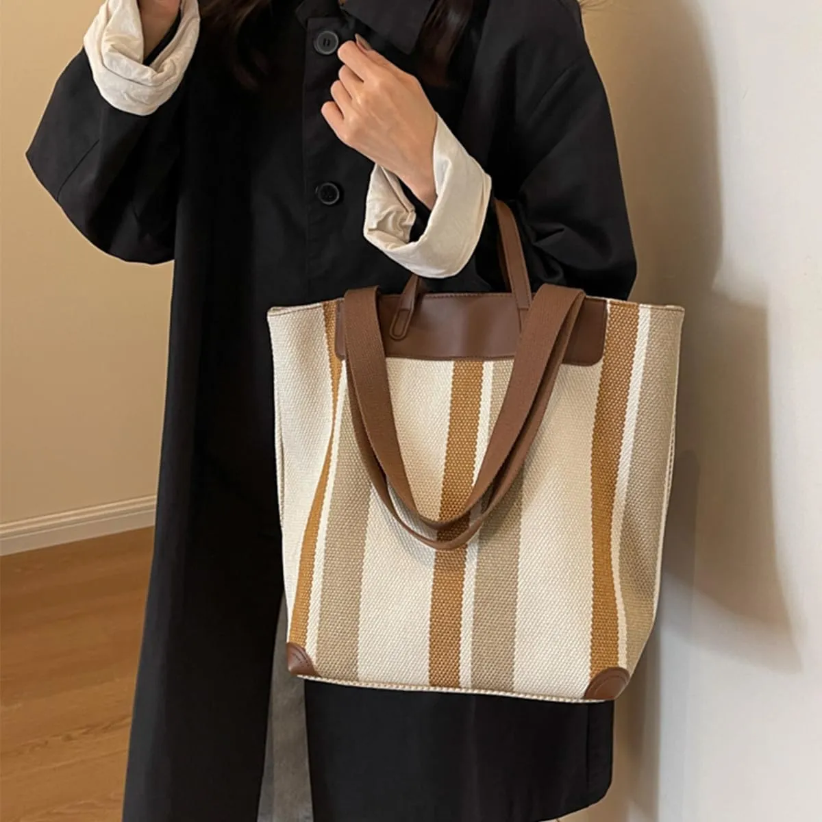 Canvas Tote Bag Tote Bag For Women Tote Bag With Zipper Work Bags For Women Casual Stripes Handbags For Women